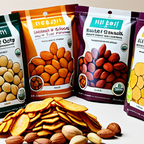 A vibrant display of healthy Malaysian dried snacks, showcasing options like unsweetened dried fruit, organic nuts, and vegetable crisps without artificial flavorings. The packaging should be eco-friendly, using materials like recycled paper or biodegradable containers. Include a hand reaching for a packet, emphasizing the 'healthy snacking' aspect. The style should be bright and inviting.