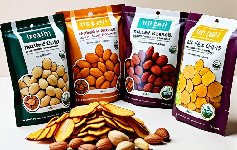 A vibrant display of healthy Malaysian dried snacks, showcasing options like unsweetened dried fruit, organic nuts, and vegetable crisps without artificial flavorings. The packaging should be eco-friendly, using materials like recycled paper or biodegradable containers. Include a hand reaching for a packet, emphasizing the 'healthy snacking' aspect. The style should be bright and inviting.