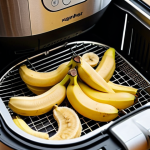 **Image:** A close-up shot of an air fryer basket filled with sliced bananas being dehydrated, showcasing the compact size and quick drying process. Focus on the texture of the banana slices and the air fryer's control panel.