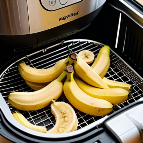 **Image:** A close-up shot of an air fryer basket filled with sliced bananas being dehydrated, showcasing the compact size and quick drying process. Focus on the texture of the banana slices and the air fryer's control panel.