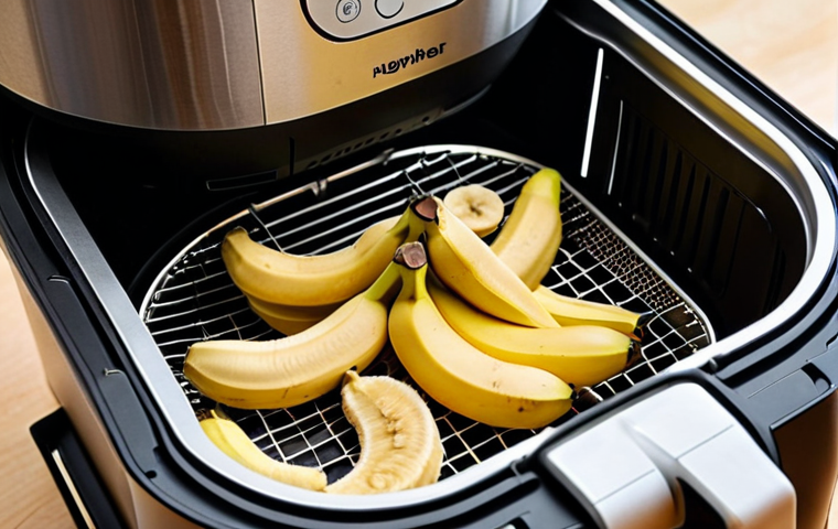 **Image:** A close-up shot of an air fryer basket filled with sliced bananas being dehydrated, showcasing the compact size and quick drying process. Focus on the texture of the banana slices and the air fryer's control panel.