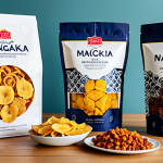 A professional studio shot showcasing an array of premium, innovatively packaged Malaysian dried food products. The focus is on unique local flavors such as crispy dried jackfruit (nangka), dried cempedak, and gourmet spicy tapioca chips (kerepek pedas), displayed artfully on a light wooden surface. Each product is in attractive, resealable, and informative packaging with a modern design incorporating subtle Malaysian patterns. Soft, diffused lighting enhances textures and vibrant colors. Safe for work, appropriate content, fully clothed (referring to the professional and non-revealing nature of the product presentation), modest, family-friendly, professional photography, high quality, sharp focus, inviting display.