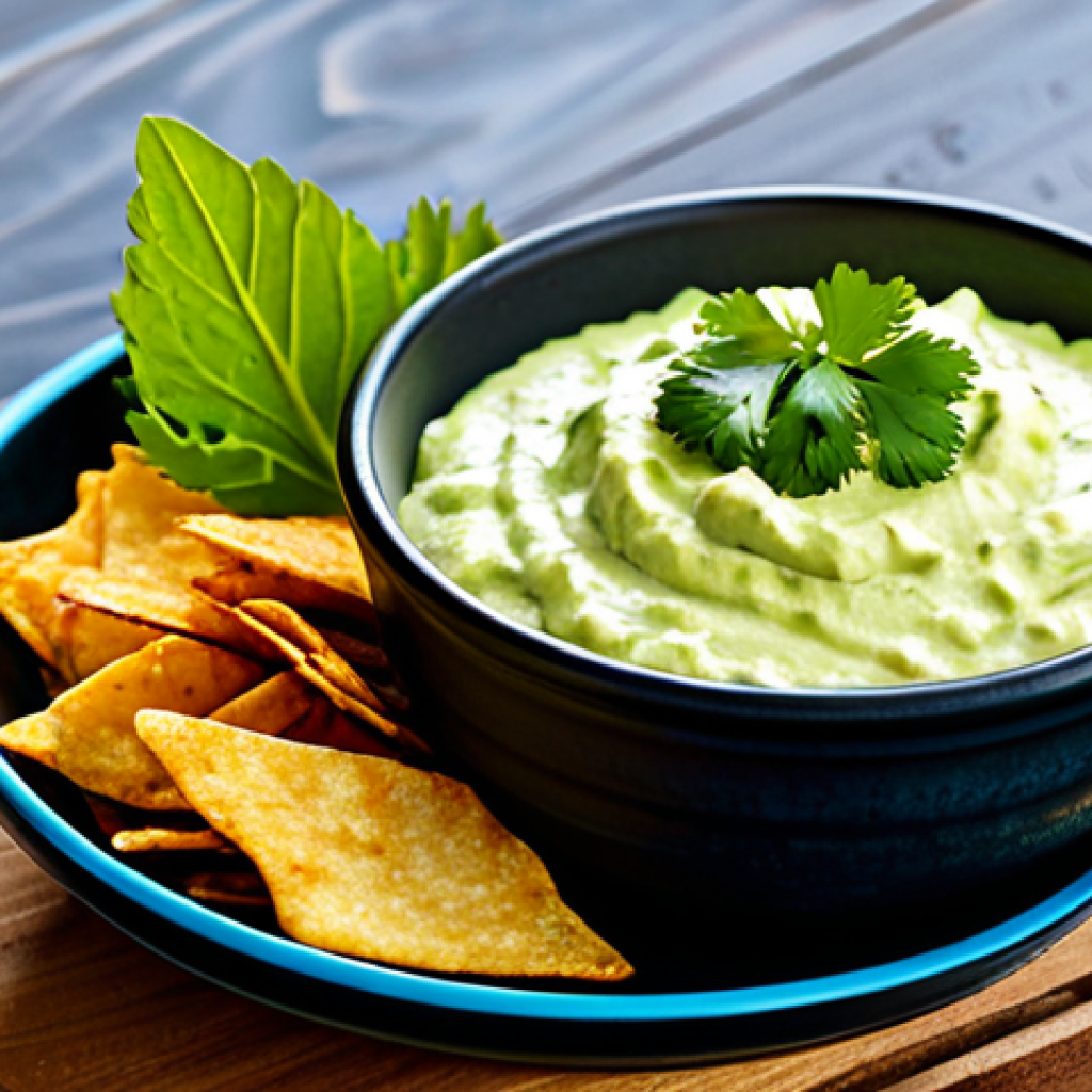 건조 식품을 활용한 파티 요리 아이디어 - Kerepek Ubi Pedas with Avocado Cream**
"Close-up shot of a bowl of 'kerepek ubi pedas' (spicy tapio...