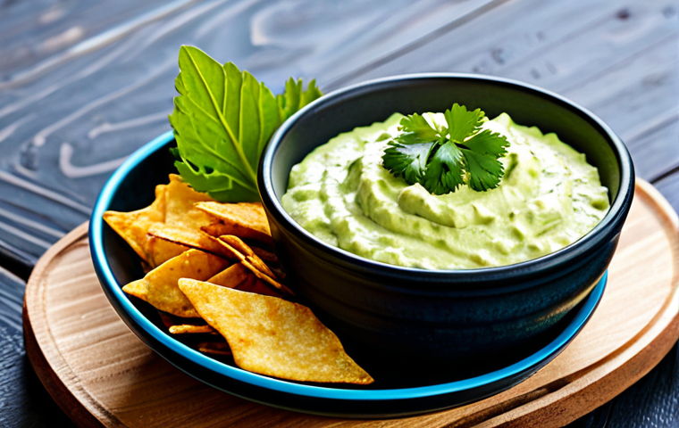 건조 식품을 활용한 파티 요리 아이디어 - Kerepek Ubi Pedas with Avocado Cream**
"Close-up shot of a bowl of 'kerepek ubi pedas' (spicy tapio...