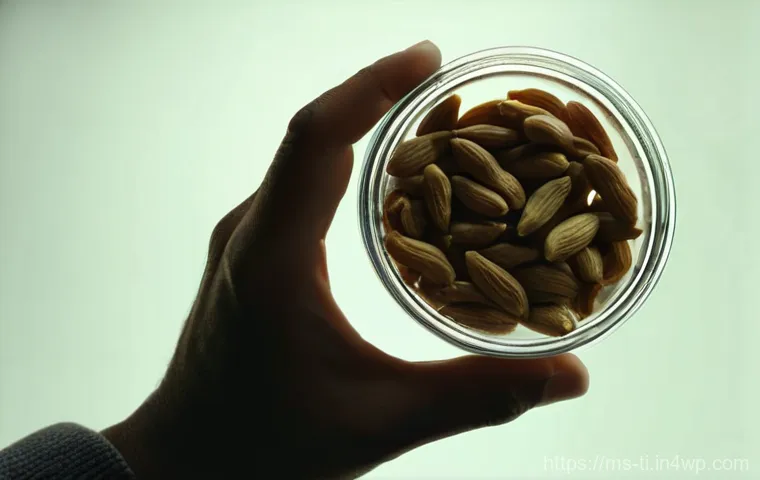 건조 식품에서 발생할 수 있는 위험 요소 - **Prompt 1: Hidden Threat of Mold and Toxins**
"A close-up, slightly magnified shot of dried pea...