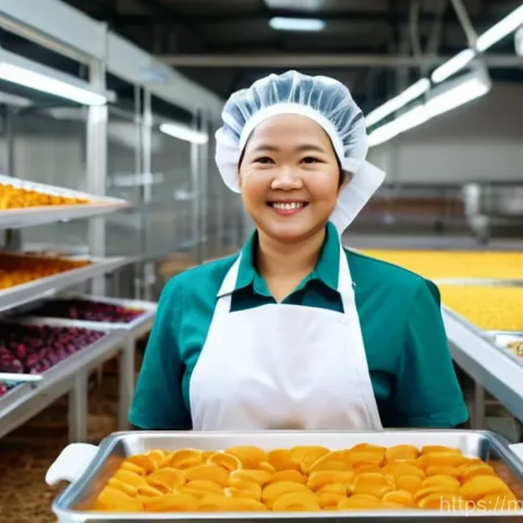 건조 식품 제조에 대한 전문가 인터뷰 - **Prompt 1: Modern Malaysian Dried Fruit Production**
An energetic Malaysian female entrepreneur...