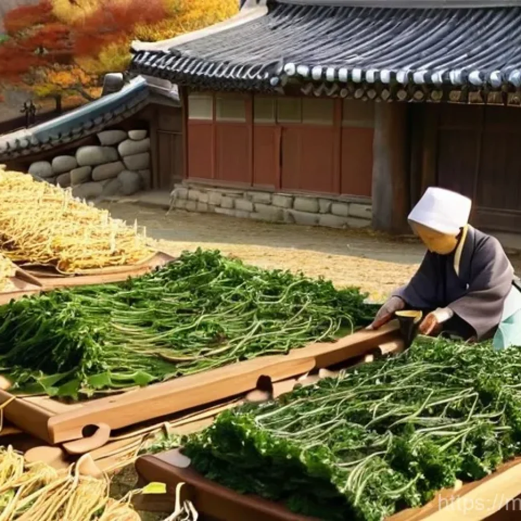 한국 전통 건조 식품 제조 방법 - **Prompt:** A serene, wide-angle shot of a traditional Korean village in late autumn. In the foregro...