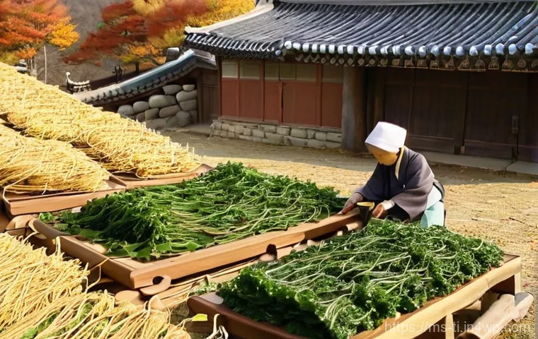 한국 전통 건조 식품 제조 방법 - **Prompt:** A serene, wide-angle shot of a traditional Korean village in late autumn. In the foregro...