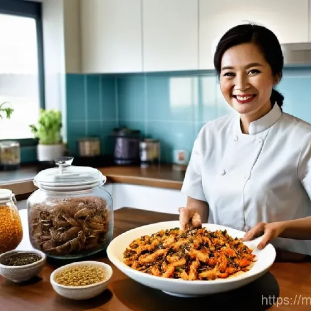 건조 식품의 다채로운 활용 방안 - **Prompt:** A warmly lit, modern Malaysian kitchen scene. A busy professional, a woman in her late 3...