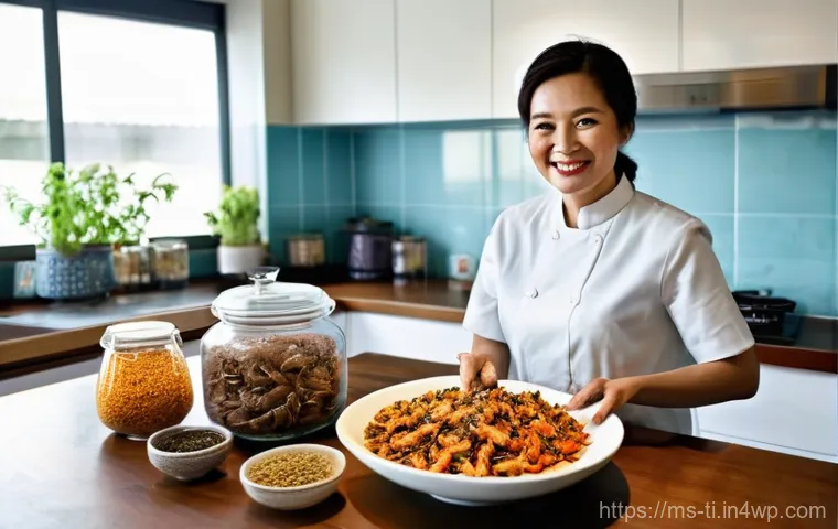 건조 식품의 다채로운 활용 방안 - **Prompt:** A warmly lit, modern Malaysian kitchen scene. A busy professional, a woman in her late 3...