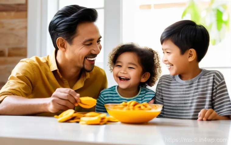 DIY 건조 식품  과일과 채소 건조하기 - Prompt 1: Family Enjoying Healthy Homemade Snacks**
