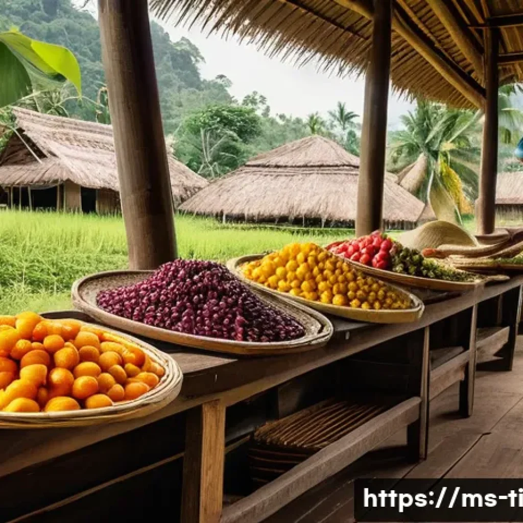 건조 식품 제조와 관련된 교육 및 워크숍 - A detailed scene of a traditional food drying setup in a sunny Malaysian village, showing various lo...