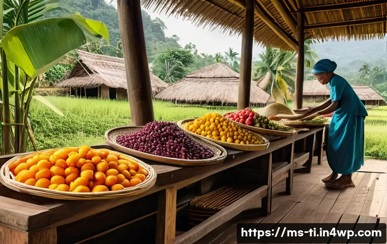 건조 식품 제조와 관련된 교육 및 워크숍 - A detailed scene of a traditional food drying setup in a sunny Malaysian village, showing various lo...