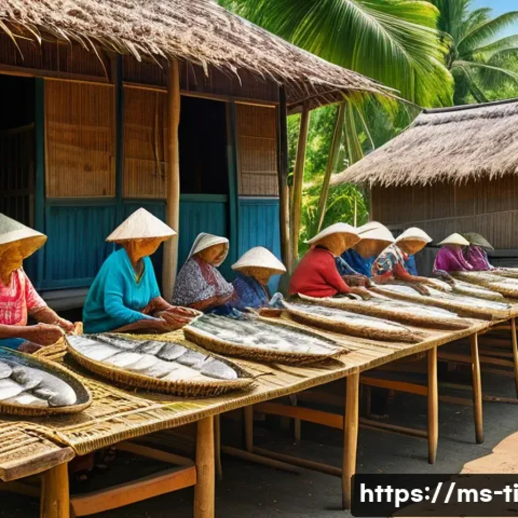 식품 건조법 전통과 현대의 결합 - A traditional Malaysian village scene showing elderly women drying fish and tropical fruits under br...
