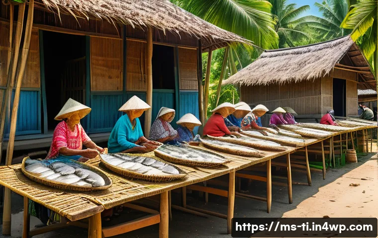 식품 건조법 전통과 현대의 결합 - A traditional Malaysian village scene showing elderly women drying fish and tropical fruits under br...