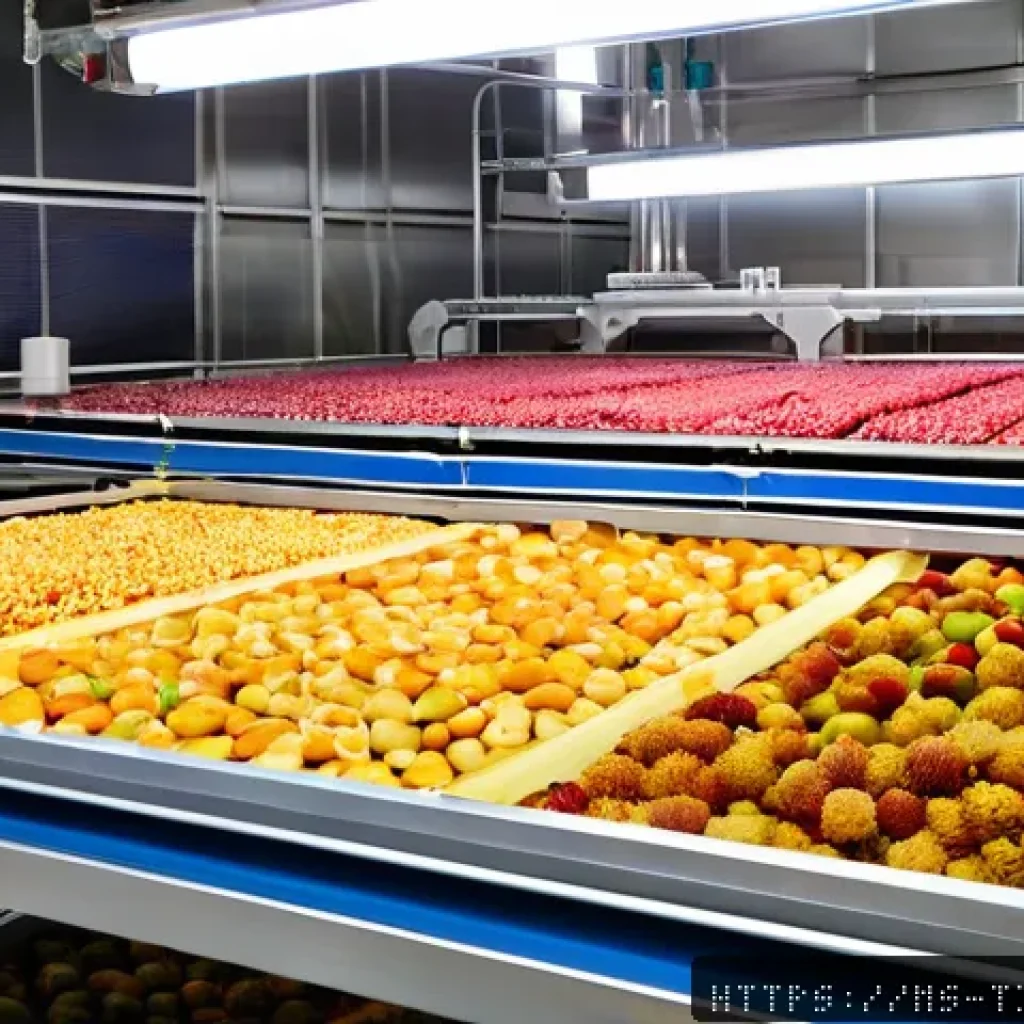 산업용 건조 식품 제조 기술 동향 - A high-tech vacuum drying machine in a modern Malaysian food processing facility, showing fresh trop...