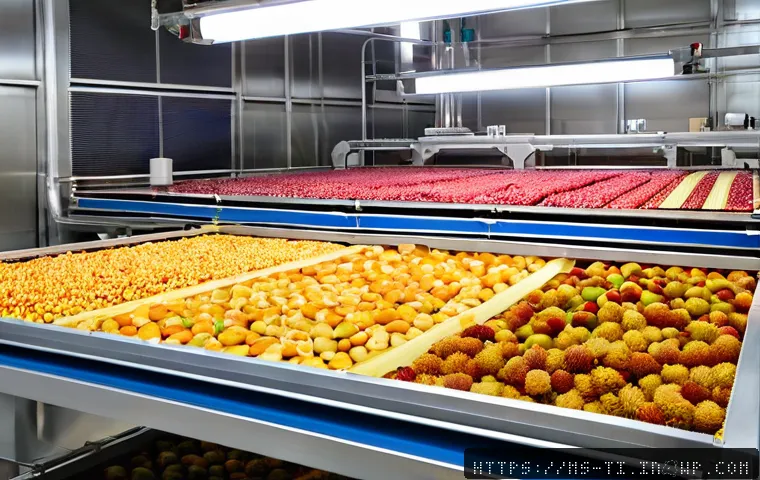 산업용 건조 식품 제조 기술 동향 - A high-tech vacuum drying machine in a modern Malaysian food processing facility, showing fresh trop...