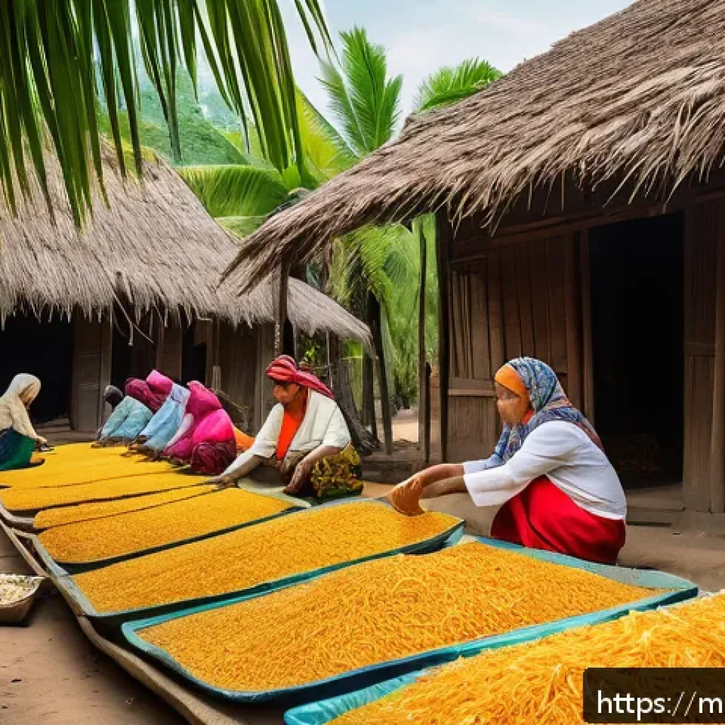 건조 식품 제조의 문화적 배경 탐구 - A vibrant traditional Southeast Asian village scene featuring local people sun-drying freshly sliced...