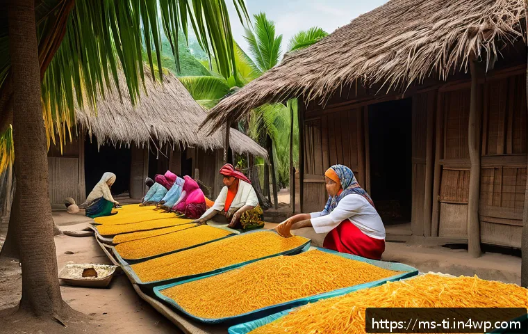 건조 식품 제조의 문화적 배경 탐구 - A vibrant traditional Southeast Asian village scene featuring local people sun-drying freshly sliced...