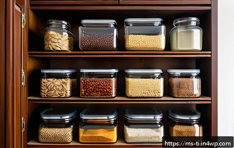 건조 식품의 품질 개선을 위한 방법 - A well-organized Malaysian kitchen pantry shelf featuring various airtight glass and plastic contain...