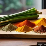 Home 21 건조 식품 제조 시 주의사항 및 문제 해결 - 5 cm thickness on a wooden chopping board; the background shows traditional local spices like turmer...