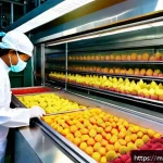 Home 23 건조 식품의 최신 기술적 접근법 - A modern vacuum food drying machine in a bright, clean Malaysian factory setting, with trays of colo...