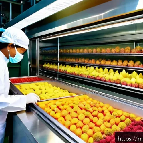 Home 17 건조 식품의 최신 기술적 접근법 - A modern vacuum food drying machine in a bright, clean Malaysian factory setting, with trays of colo...
