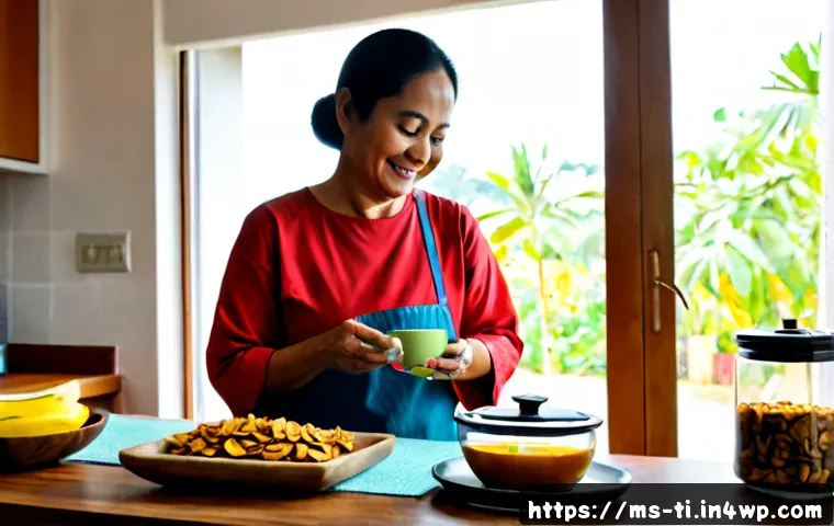 건조 식품과 웰빙 트렌드의 관계 - Photorealistic Malaysian wellness kitchen scene, a cheerful middle-aged Malay woman in modest casual...
