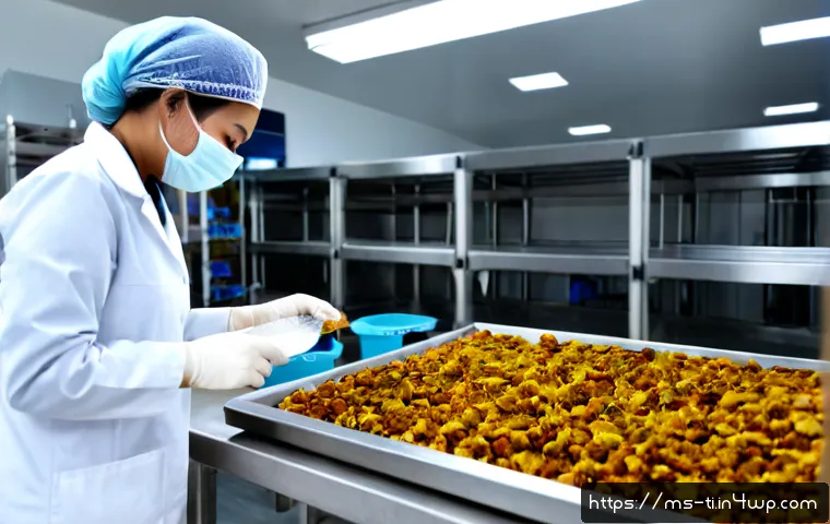 건조 식품 제조에 필요한 식품 안전 규정 - Photorealistic food safety inspection inside a modern Malaysian dried-food manufacturing facility, M...